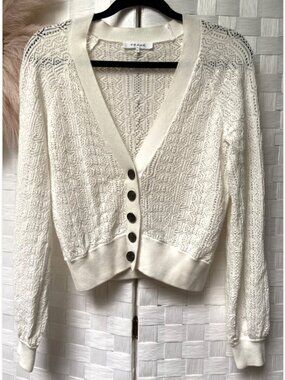 FRAME 100% Cotton White Open V Neck Knit Button Cardigan Sweater Size S/P